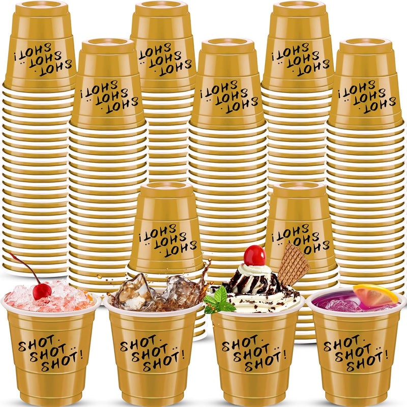 cssopenss 120 pcs Gold Plastic Shot Glasses Mardi Gras shot glasses 2 oz gold shot cups disposable for drinking Tastings served Snacks Jello Tastings and Samples - Image 1